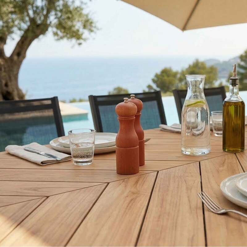 Ausziehbarer Gartentisch aus Polywood und Aluminium, 220/280x100 cm, und 10 Stühle aus Textilene (2/10)