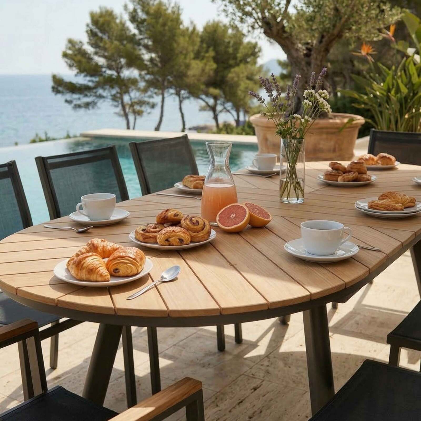 Ausziehbarer Gartentisch Holzoptik, aus Aluminium und Polywood, 180/220x100 cm, und 8 Stühle aus Textilene