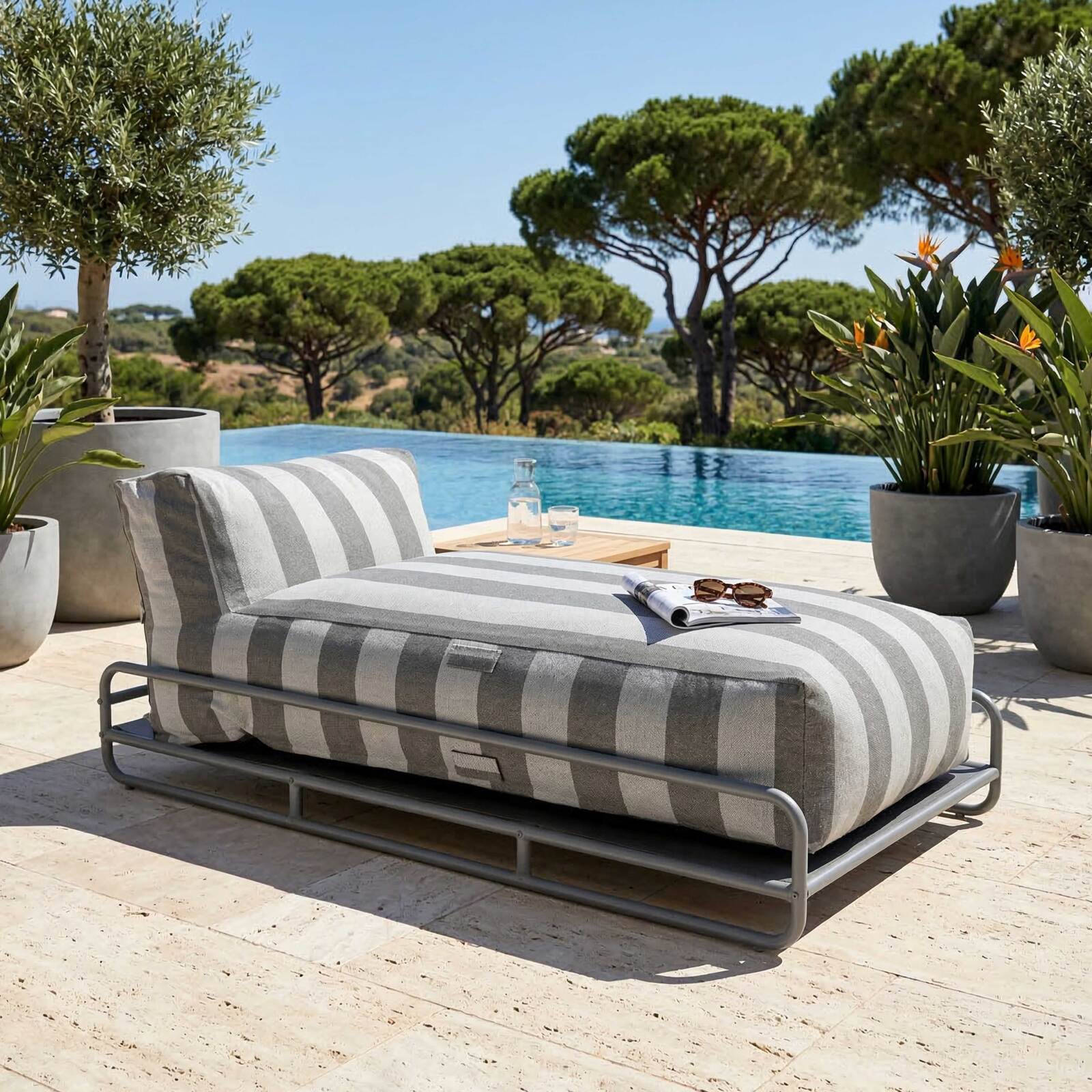 Chaiselongue im gestreiften Design für ein modulares Outdoor-Sofa mit Gestell