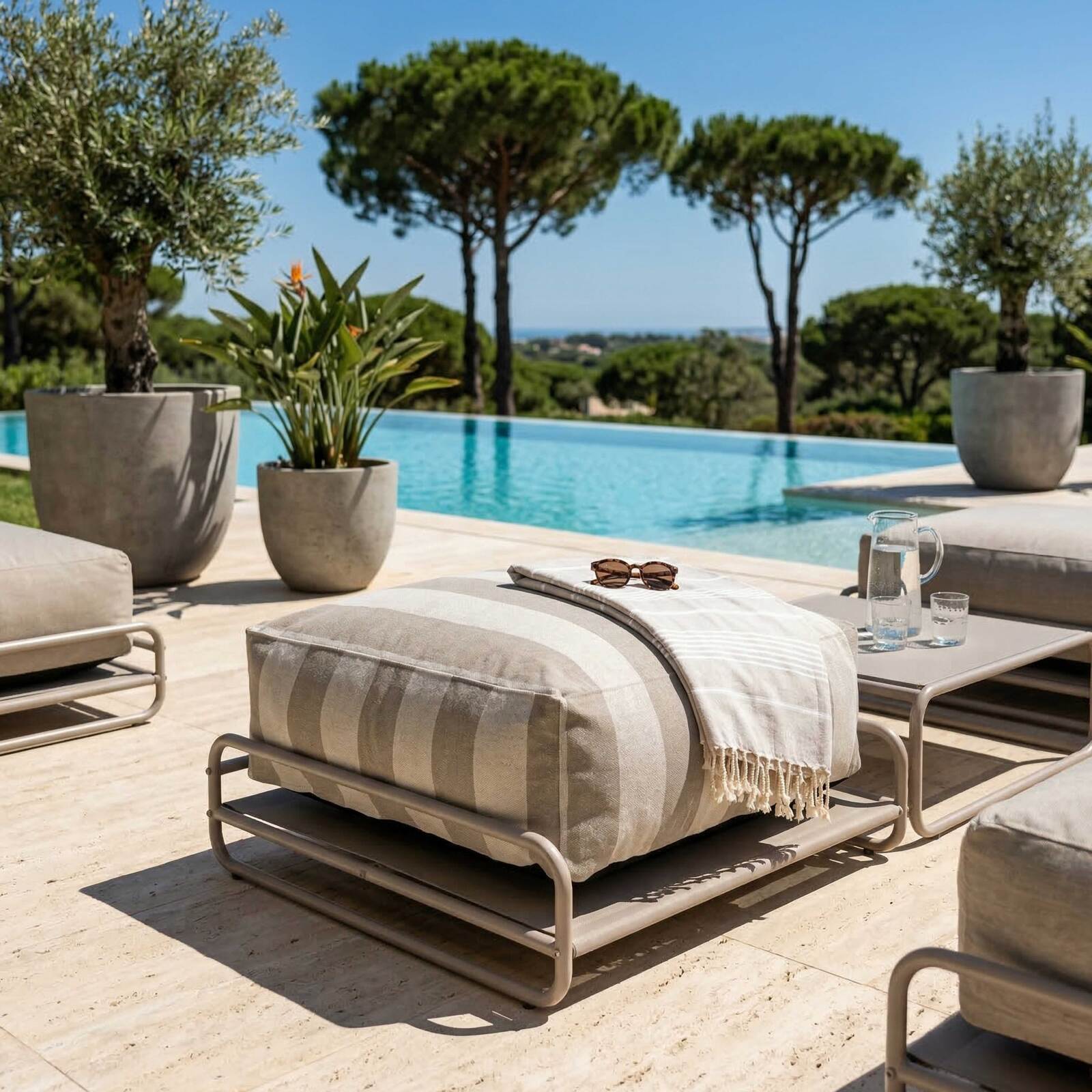 Sitzsack im gestreiften Design für ein modulares Outdoor-Sofa mit Gestell