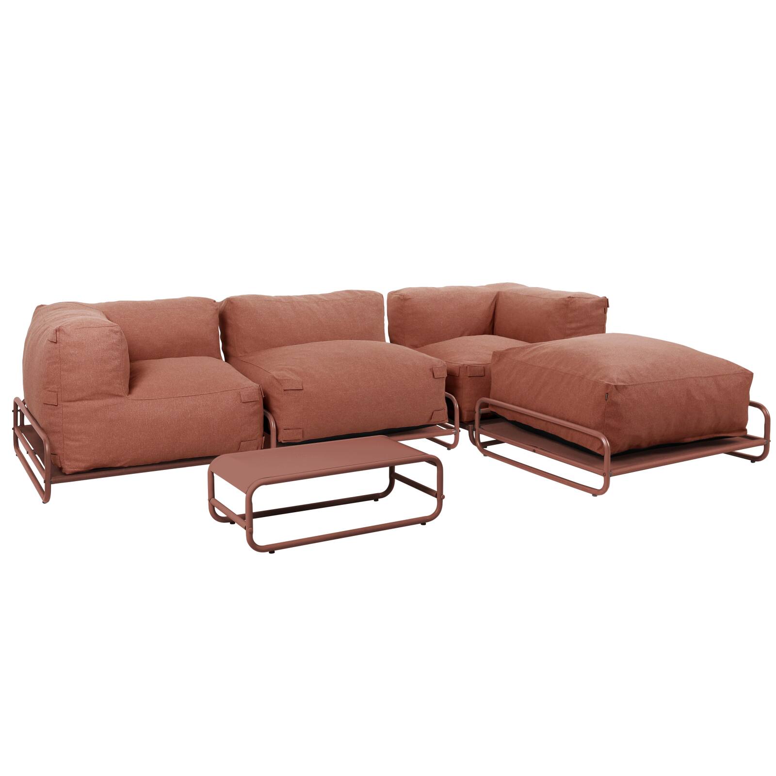 Modulare Gartenmöbel für 4 Personen mit Gestell, bestehend aus 1 Sessel, 2 Ecksesseln, 1 Sitzsack und 1 Couchtisch 