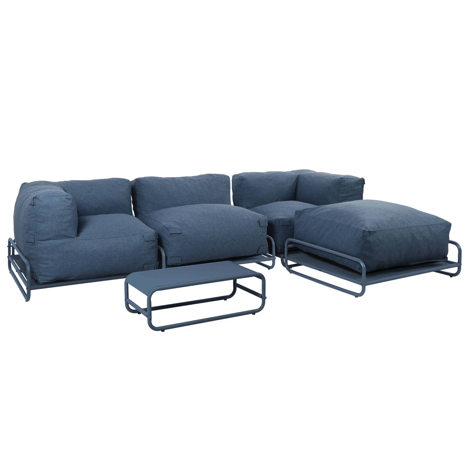 Modulare Gartenmöbel für 4 Personen mit Gestell, bestehend aus 1 Sessel, 2 Ecksesseln, 1 Sitzsack und 1 Couchtisch 