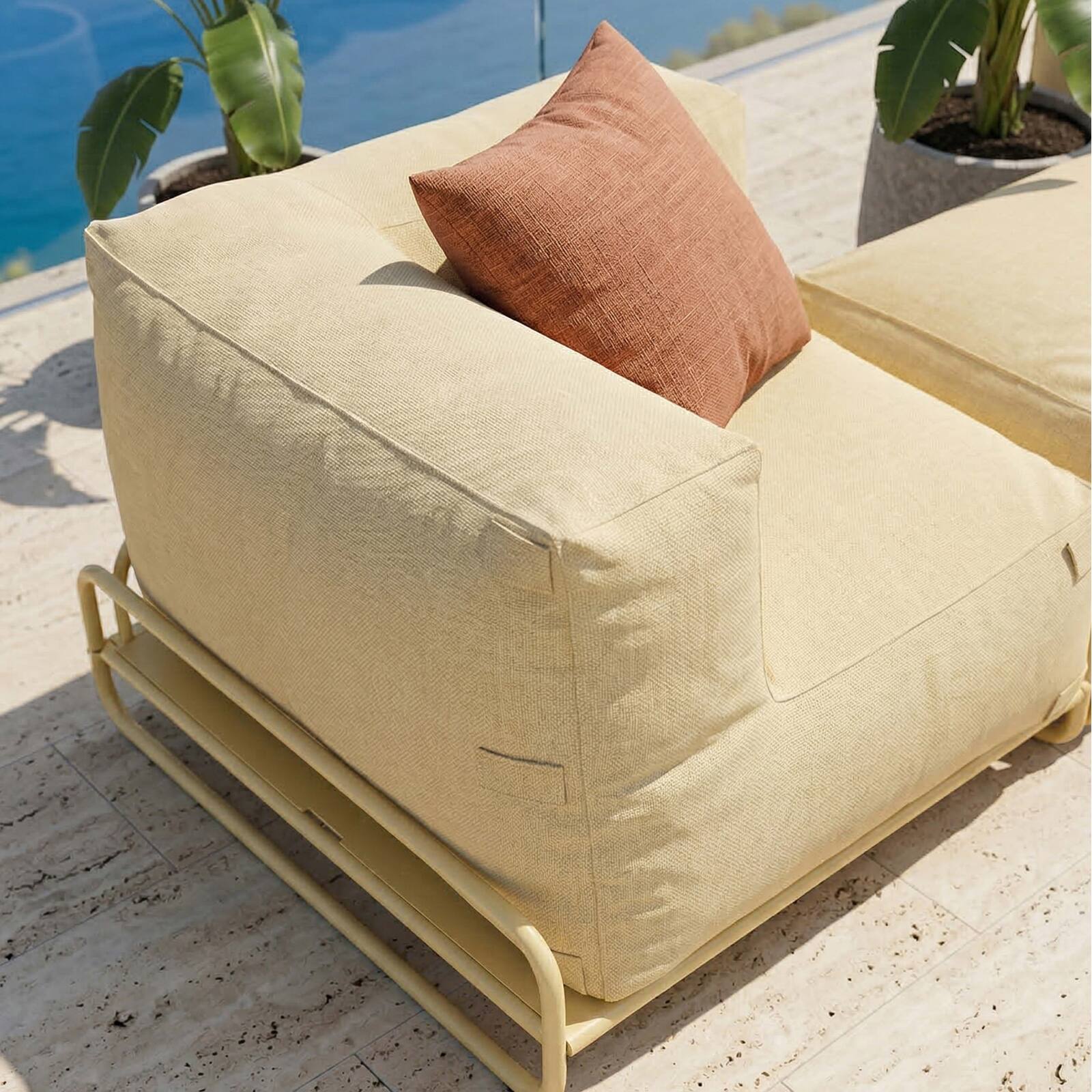 Modulare Gartenmöbel für 4 Personen mit Gestell, bestehend aus 1 Sessel, 2 Ecksesseln, 1 Sitzsack und 1 Couchtisch 