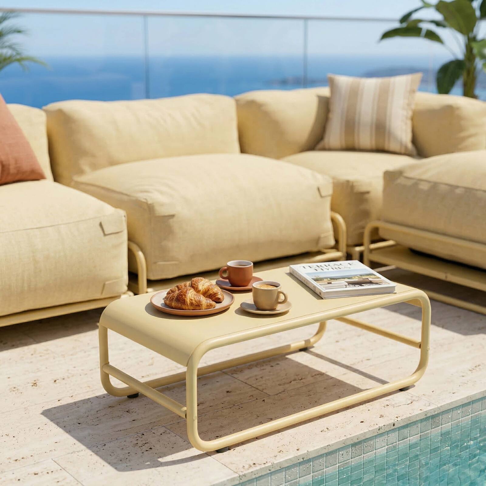 Modulare Gartenmöbel für 4 Personen mit Gestell, bestehend aus 1 Sessel, 2 Ecksesseln, 1 Sitzsack und 1 Couchtisch 