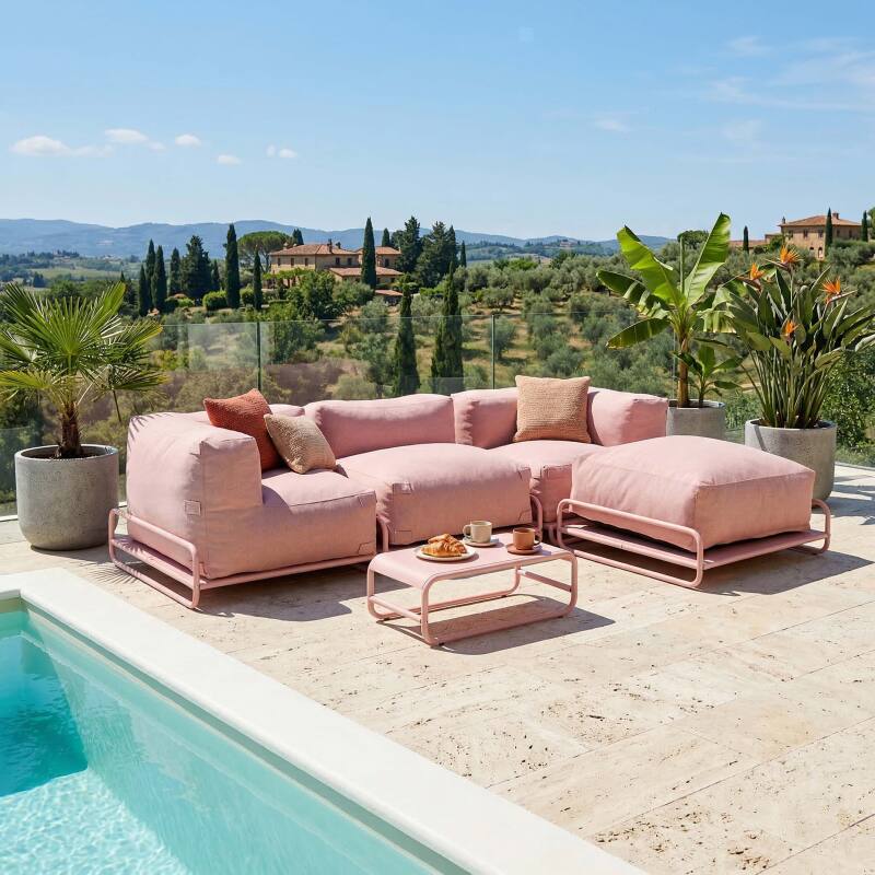 Modulare Gartenmöbel für 4 Personen mit Gestell, bestehend aus 1 Sessel, 2 Ecksesseln, 1 Sitzsack und 1 Couchtisch 