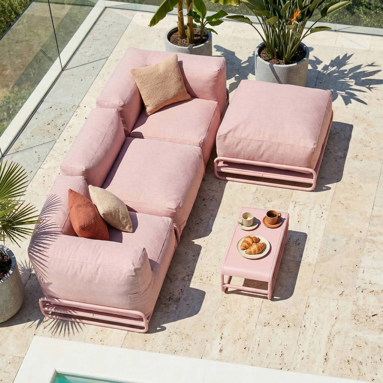 Modulare Gartenmöbel für 4 Personen mit Gestell, bestehend aus 1 Sessel, 2 Ecksesseln, 1 Sitzsack und 1 Couchtisch 