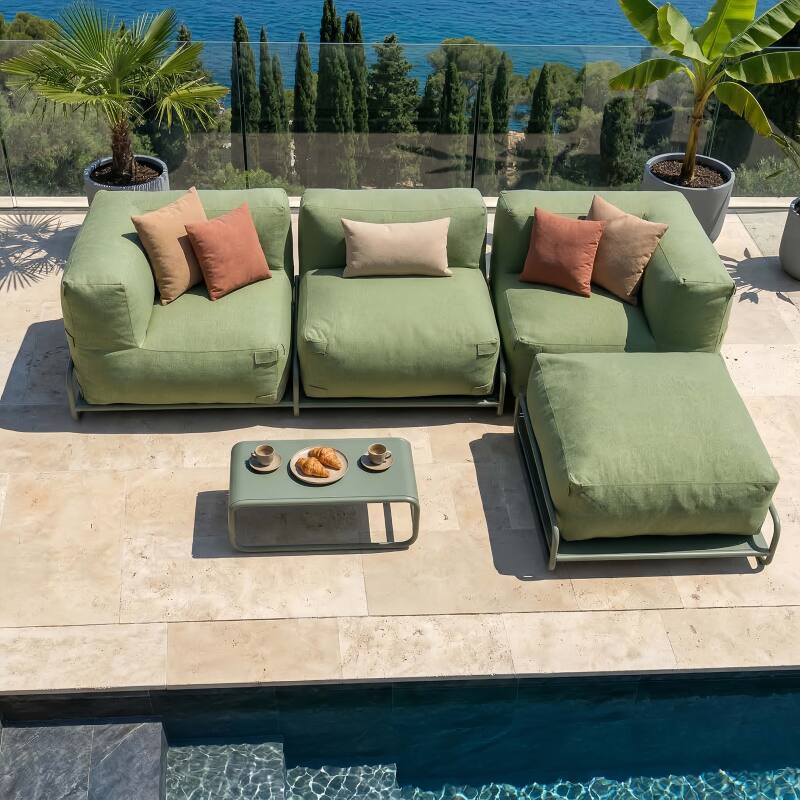 Modulare Gartenmöbel für 4 Personen mit Gestell, bestehend aus 1 Sessel, 2 Ecksesseln, 1 Sitzsack und 1 Couchtisch  (3/7)