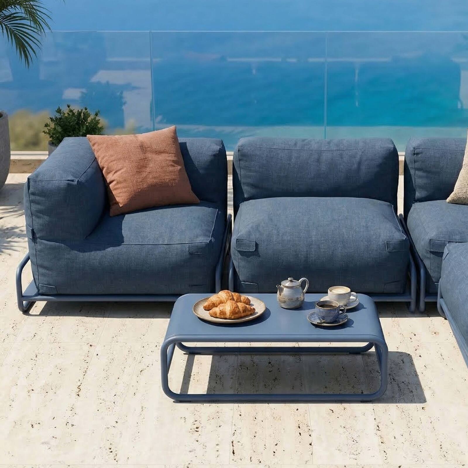 Modulare Gartenmöbel für 4 Personen mit Gestell, bestehend aus 1 Sessel, 2 Ecksesseln, 1 Sitzsack und 1 Couchtisch 