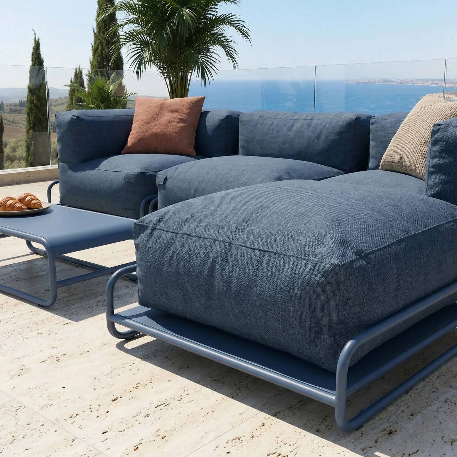 Modulare Gartenmöbel für 4 Personen mit Gestell, bestehend aus 1 Sessel, 2 Ecksesseln, 1 Sitzsack und 1 Couchtisch 