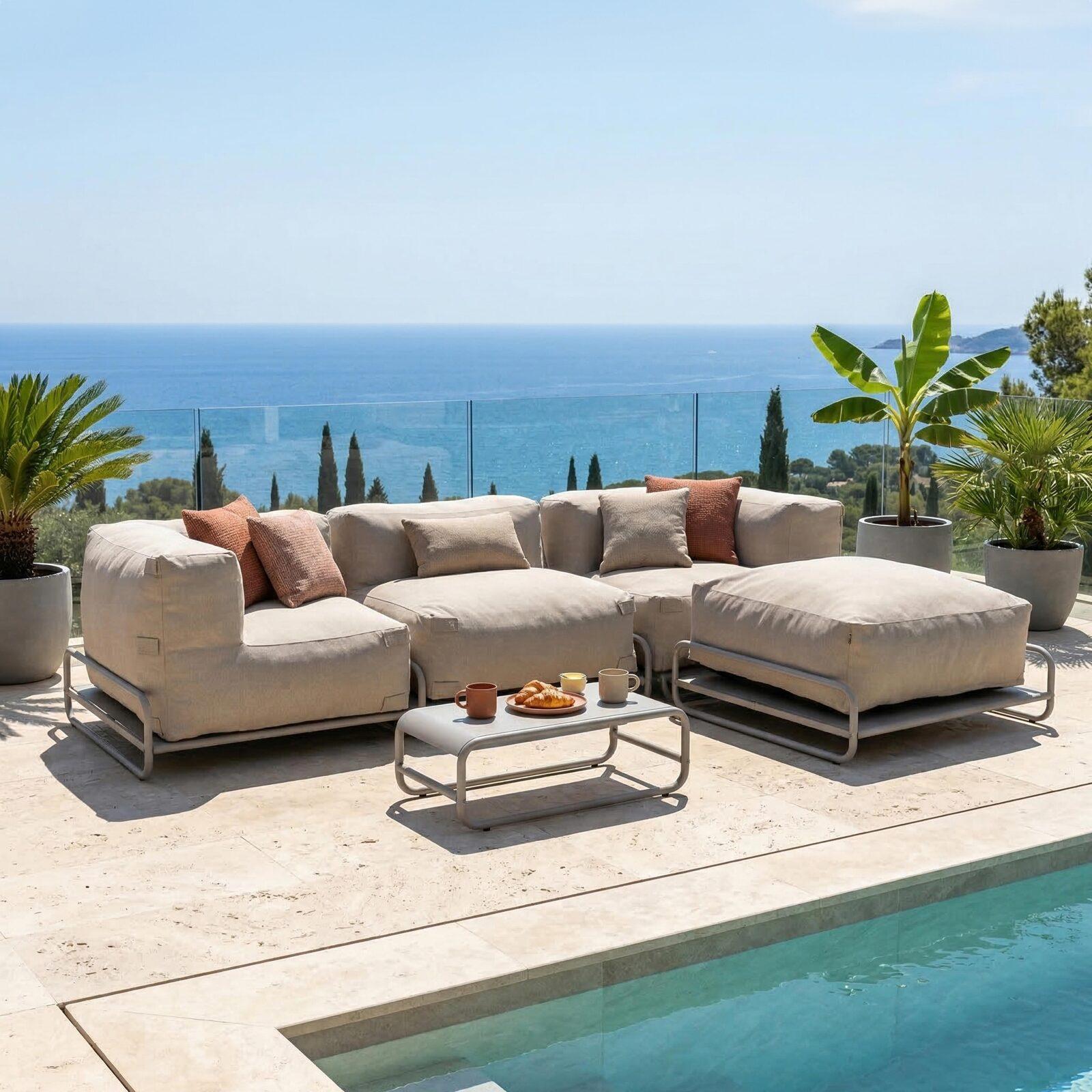 Modulare Gartenmöbel für 4 Personen mit Gestell, bestehend aus 1 Sessel, 2 Ecksesseln, 1 Sitzsack und 1 Couchtisch 