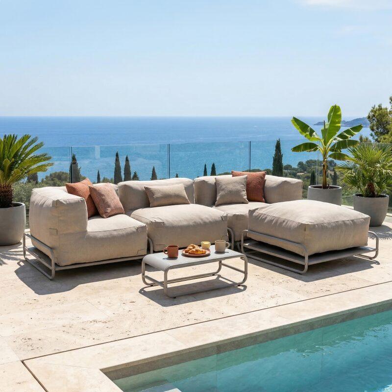 Modulare Gartenmöbel für 4 Personen mit Gestell, bestehend aus 1 Sessel, 2 Ecksesseln, 1 Sitzsack und 1 Couchtisch 