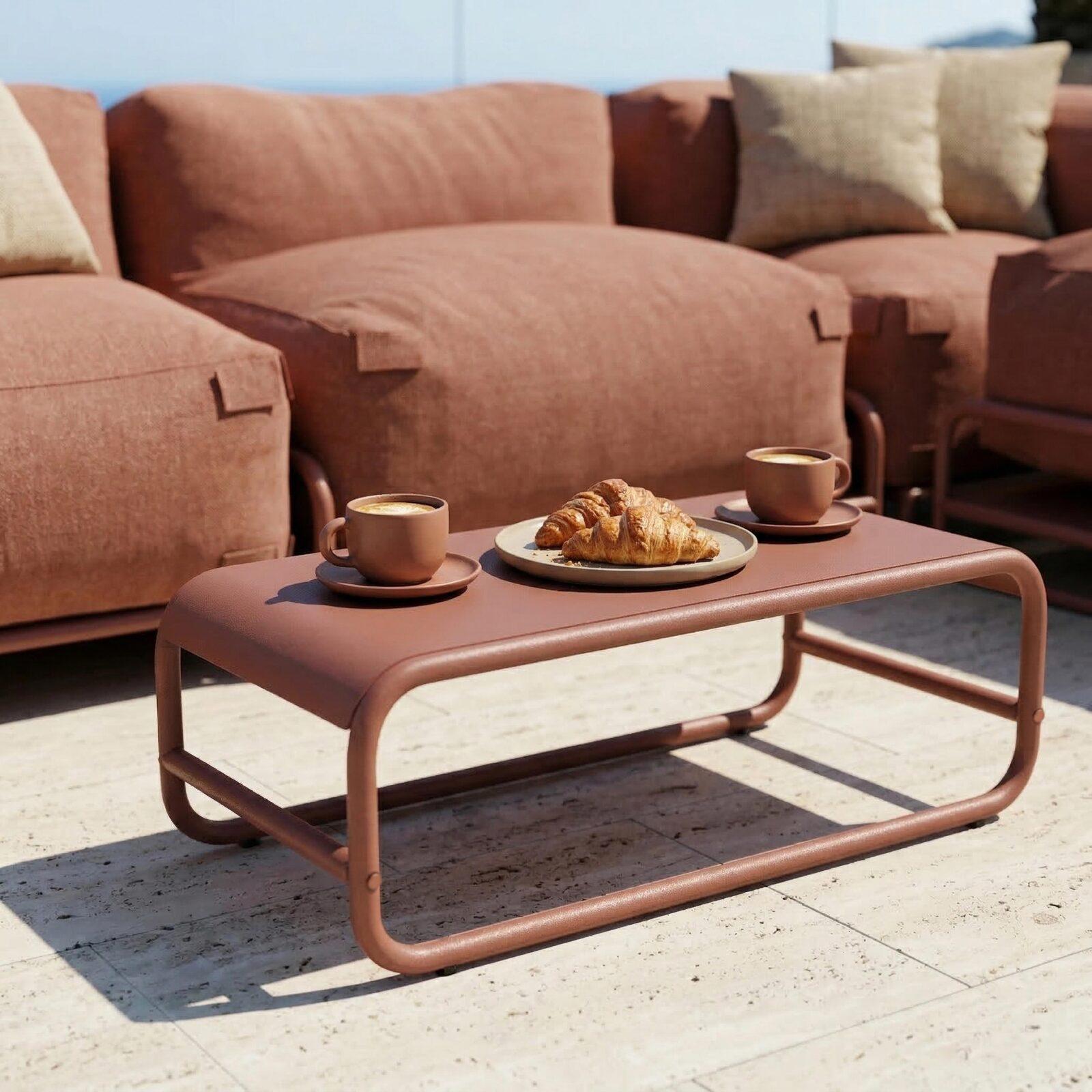 Modulare Gartenmöbel für 4 Personen mit Gestell, bestehend aus 1 Sessel, 2 Ecksesseln, 1 Sitzsack und 1 Couchtisch 