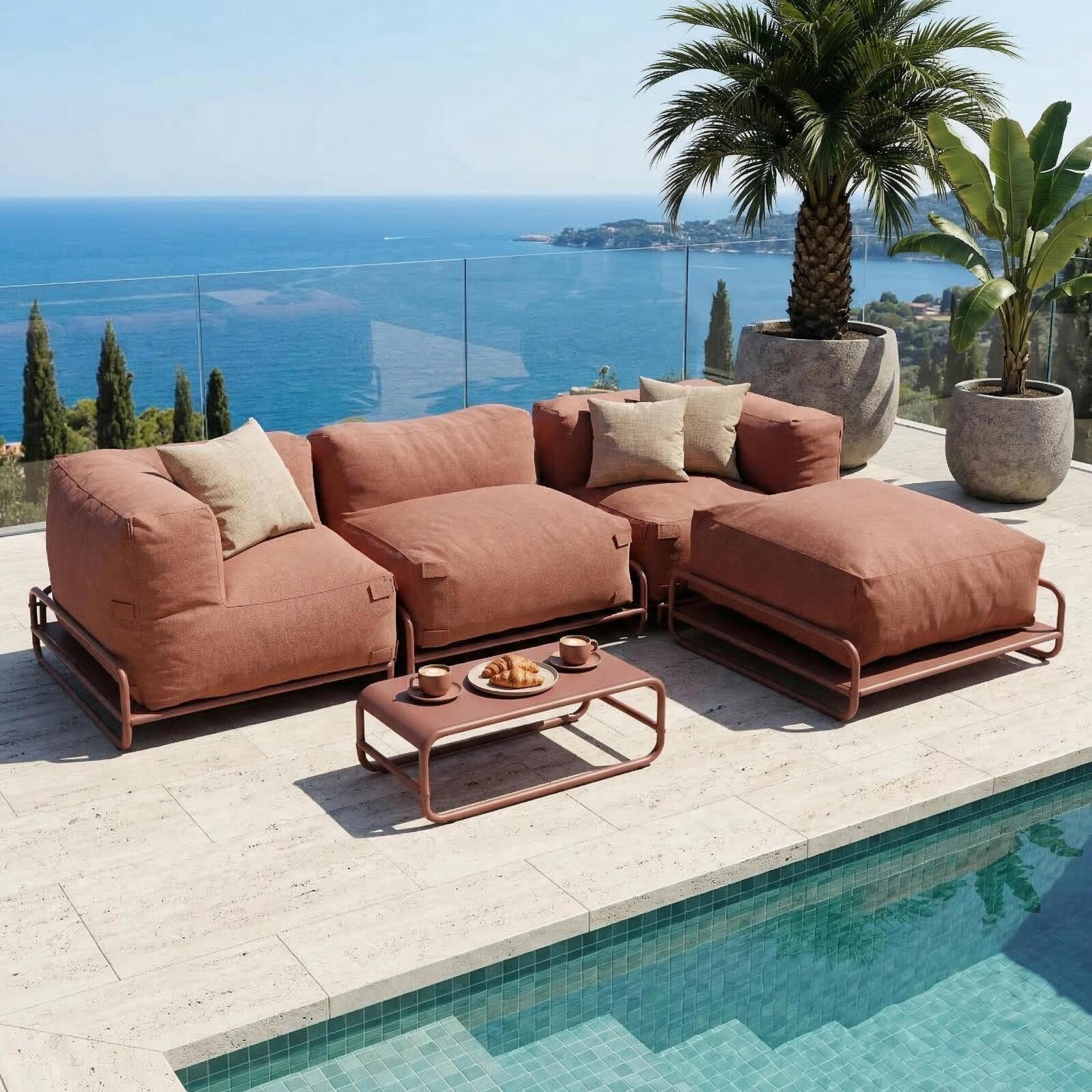 Modulare Gartenmöbel für 4 Personen mit Gestell, bestehend aus 1 Sessel, 2 Ecksesseln, 1 Sitzsack und 1 Couchtisch 