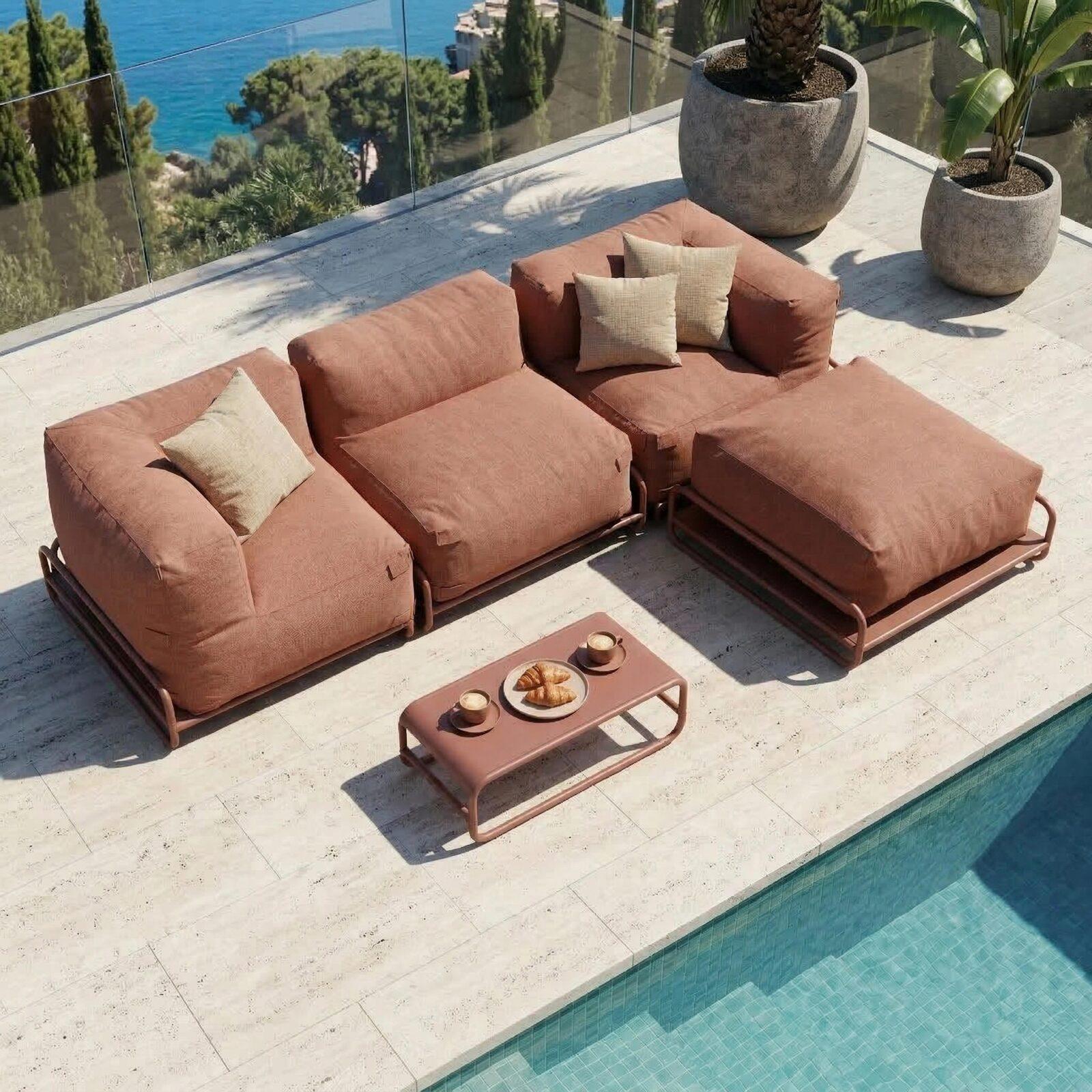 Modulare Gartenmöbel für 4 Personen mit Gestell, bestehend aus 1 Sessel, 2 Ecksesseln, 1 Sitzsack und 1 Couchtisch 