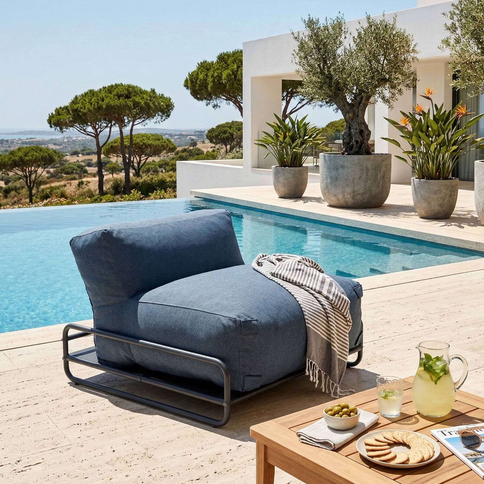 Modulare Gartenmöbel für 4 Personen mit Gestell, bestehend aus 1 Sessel, 2 Ecksesseln, 1 Sitzsack und 1 Couchtisch 
