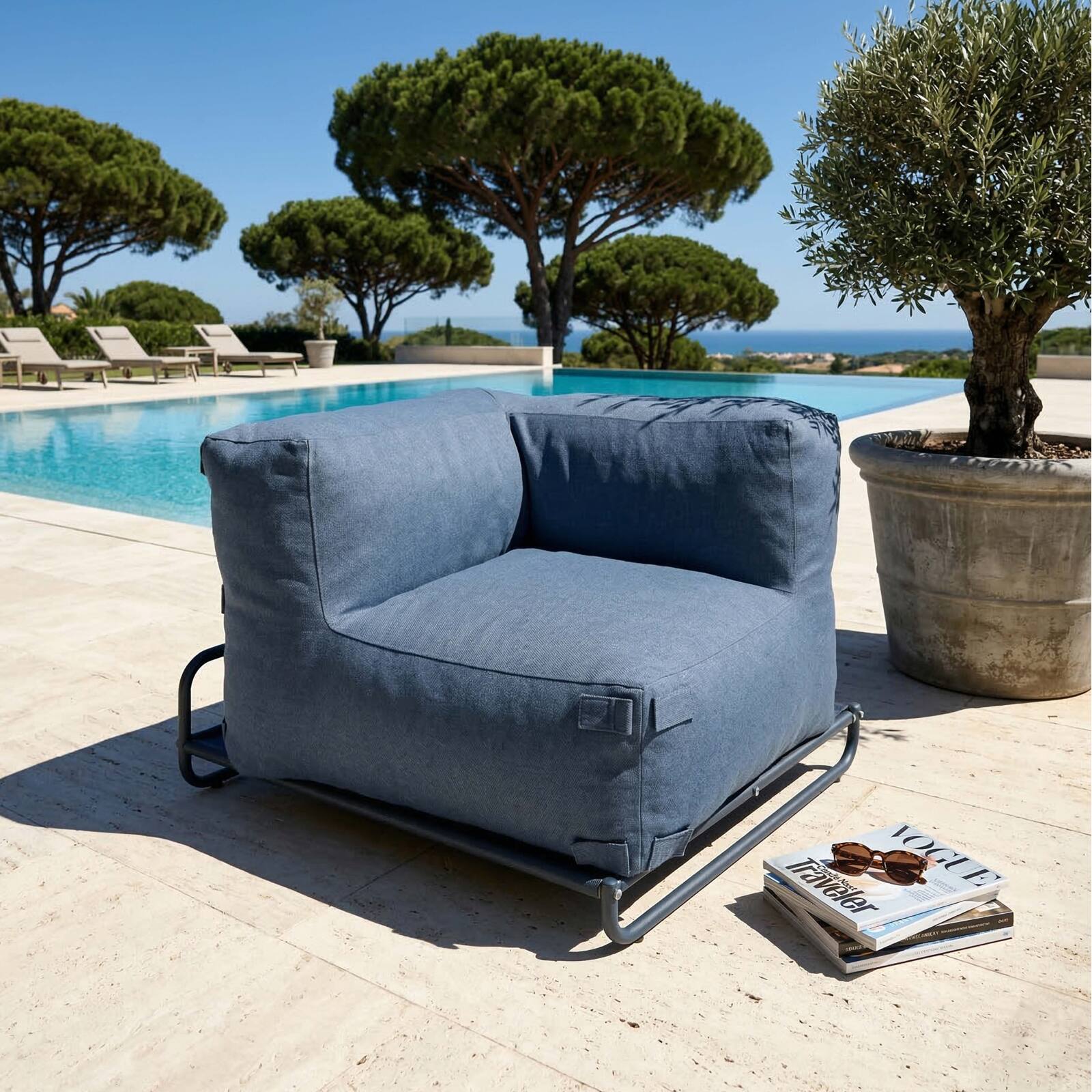 Modulare Gartenmöbel für 4 Personen mit Gestell, bestehend aus 1 Sessel, 2 Ecksesseln, 1 Sitzsack und 1 Couchtisch 