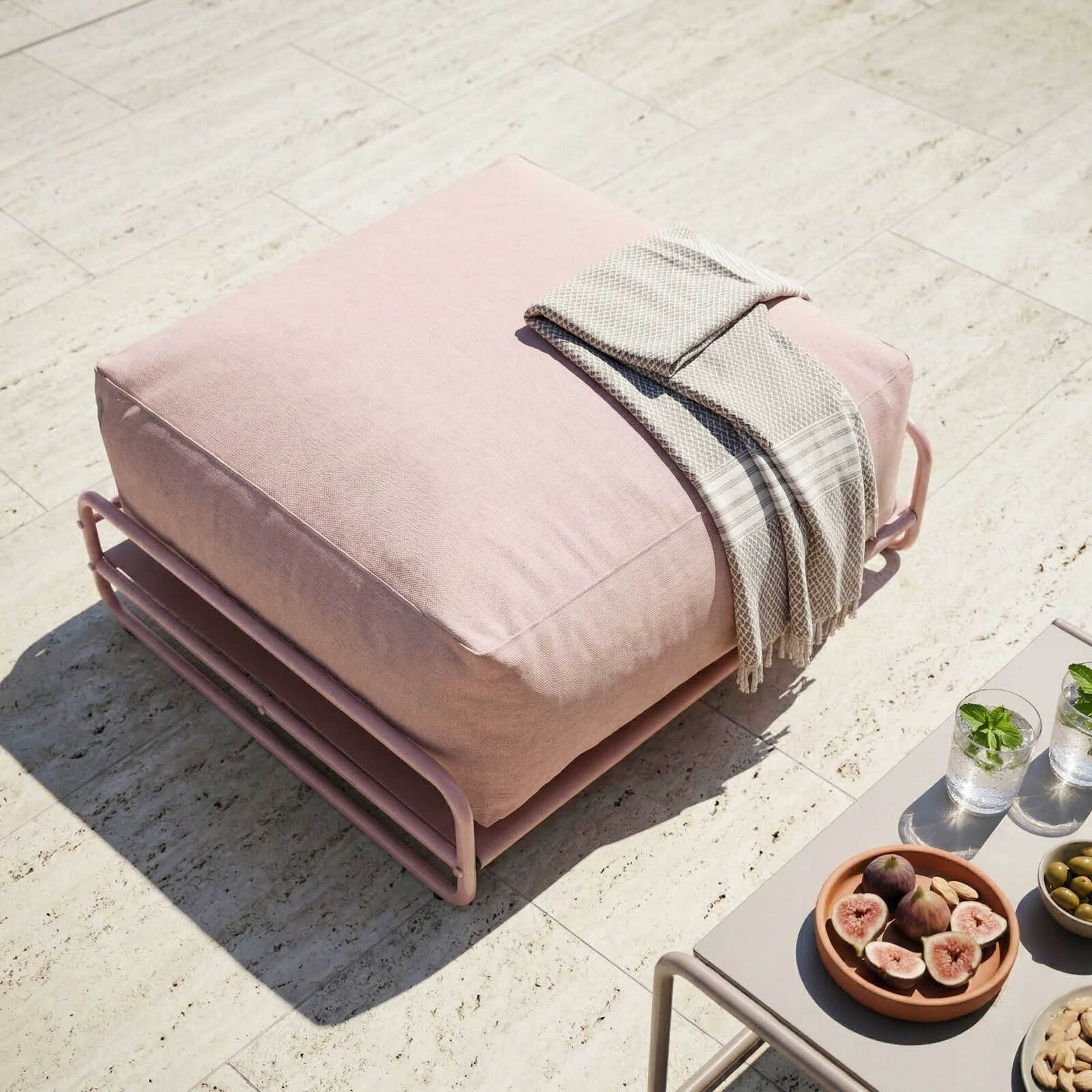 Modulare Gartenmöbel für 4 Personen mit Gestell, bestehend aus 1 Sessel, 2 Ecksesseln, 1 Sitzsack und 1 Couchtisch 