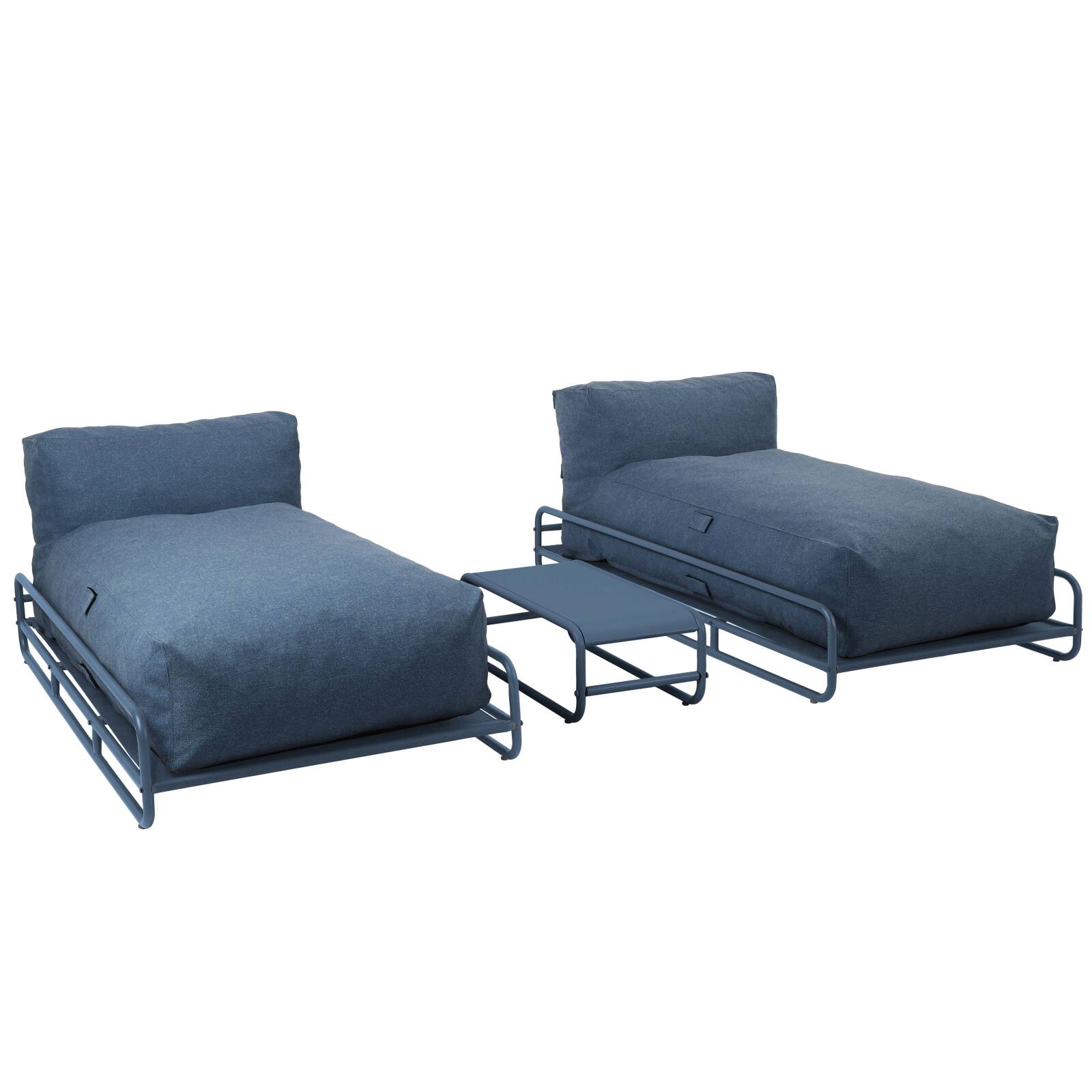 Modulare Gartenmöbel für 2 Personen mit Gestell, bestehend aus 2 Chaiselongues und Couchtisch