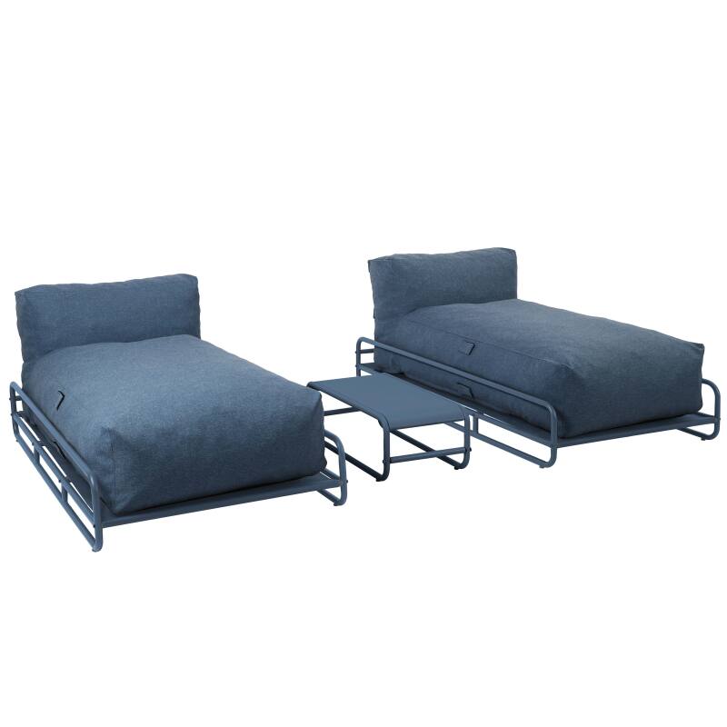 Modulare Gartenmöbel für 2 Personen mit Gestell, bestehend aus 2 Chaiselongues und Couchtisch