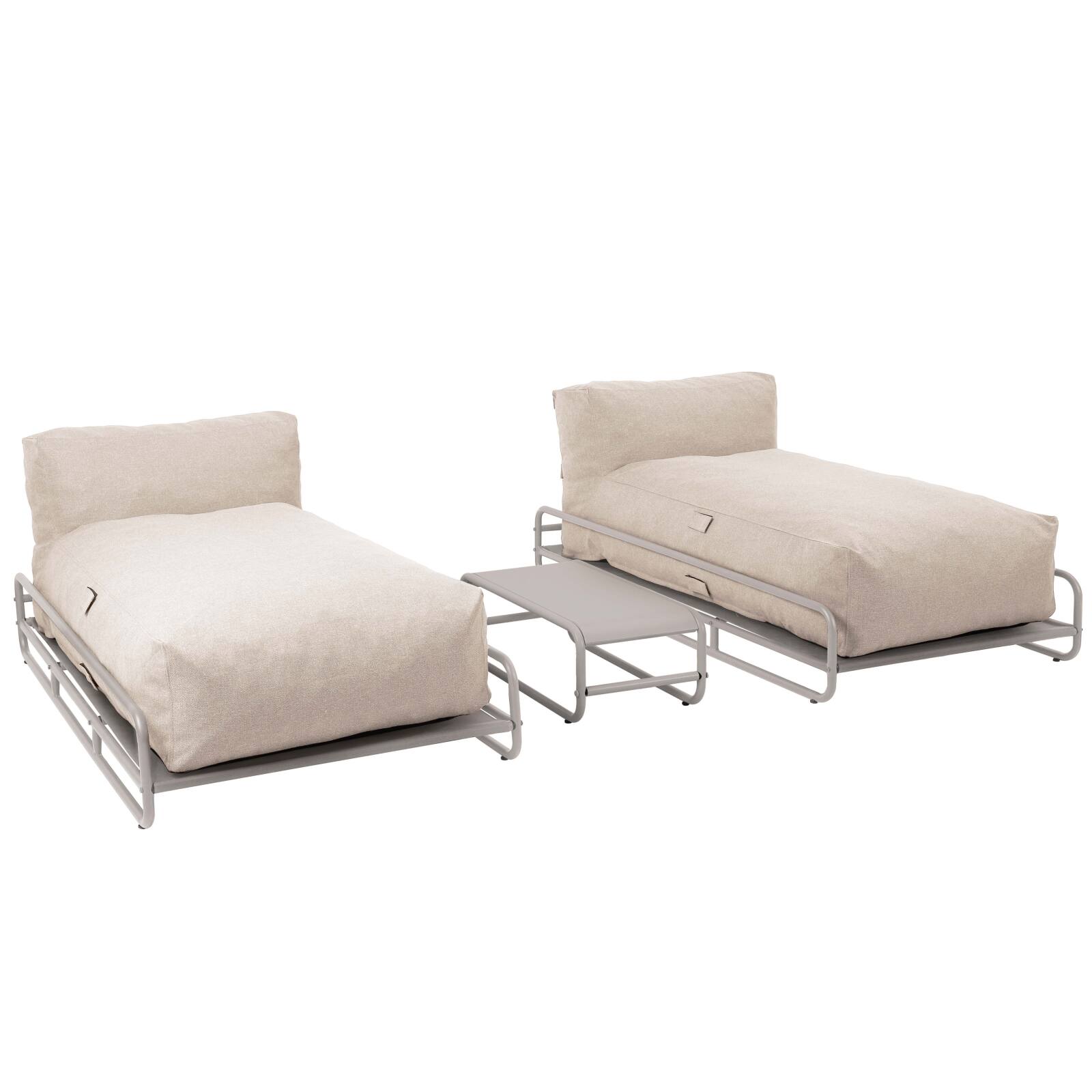 Modulare Gartenmöbel für 2 Personen mit Gestell, bestehend aus 2 Chaiselongues und Couchtisch