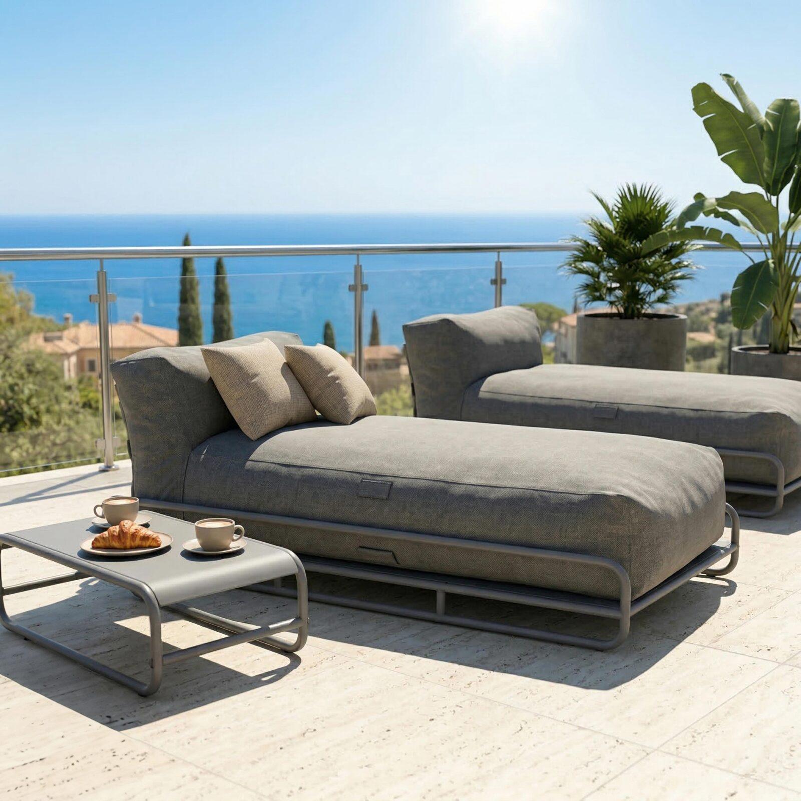 Modulare Gartenmöbel für 2 Personen mit Gestell, bestehend aus 2 Chaiselongues und Couchtisch