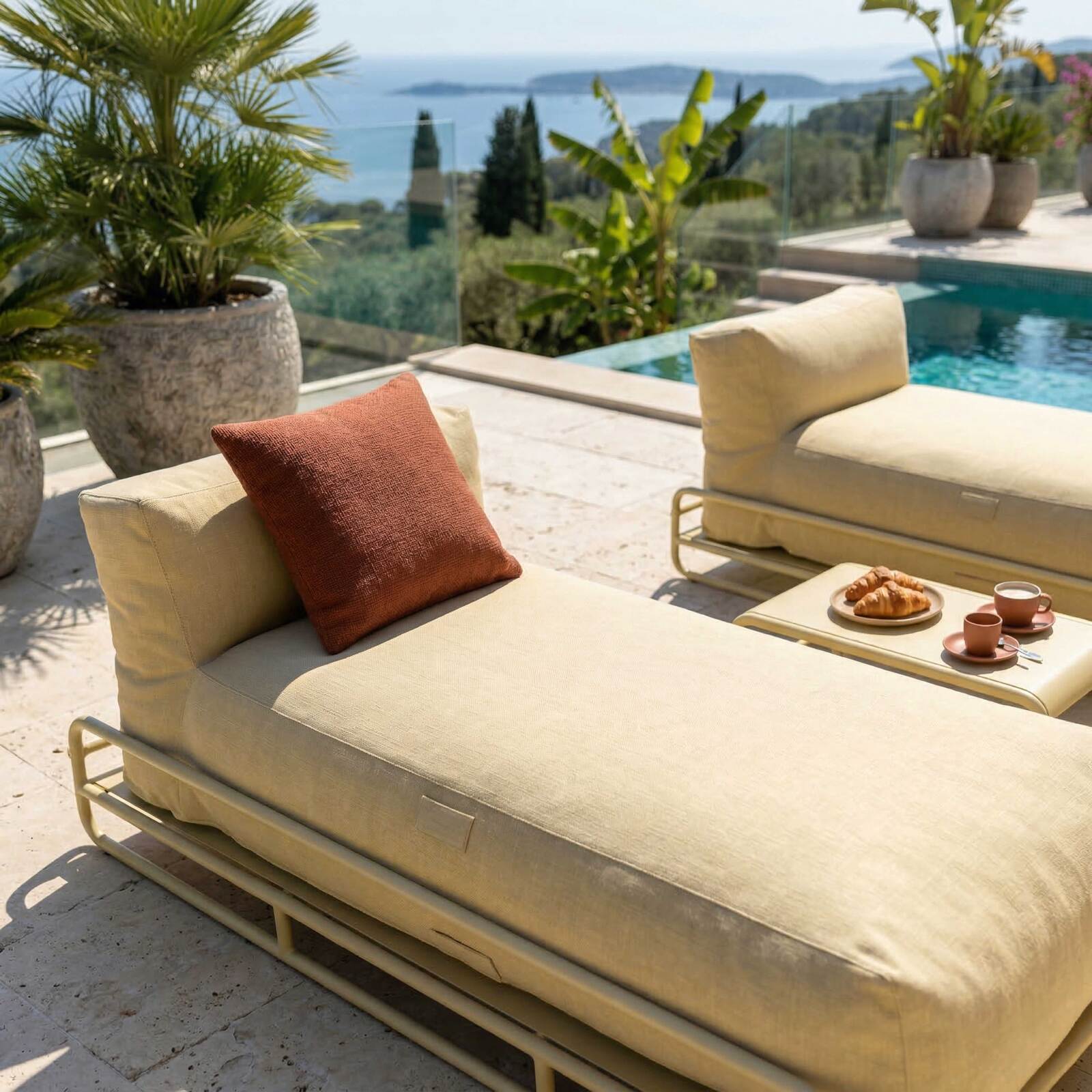 Modulare Gartenmöbel für 2 Personen mit Gestell, bestehend aus 2 Chaiselongues und Couchtisch