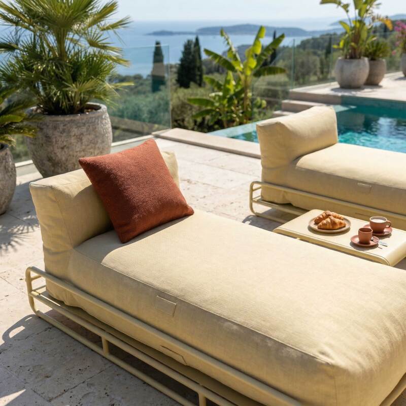 Modulare Gartenmöbel für 2 Personen mit Gestell, bestehend aus 2 Chaiselongues und Couchtisch (3/7)