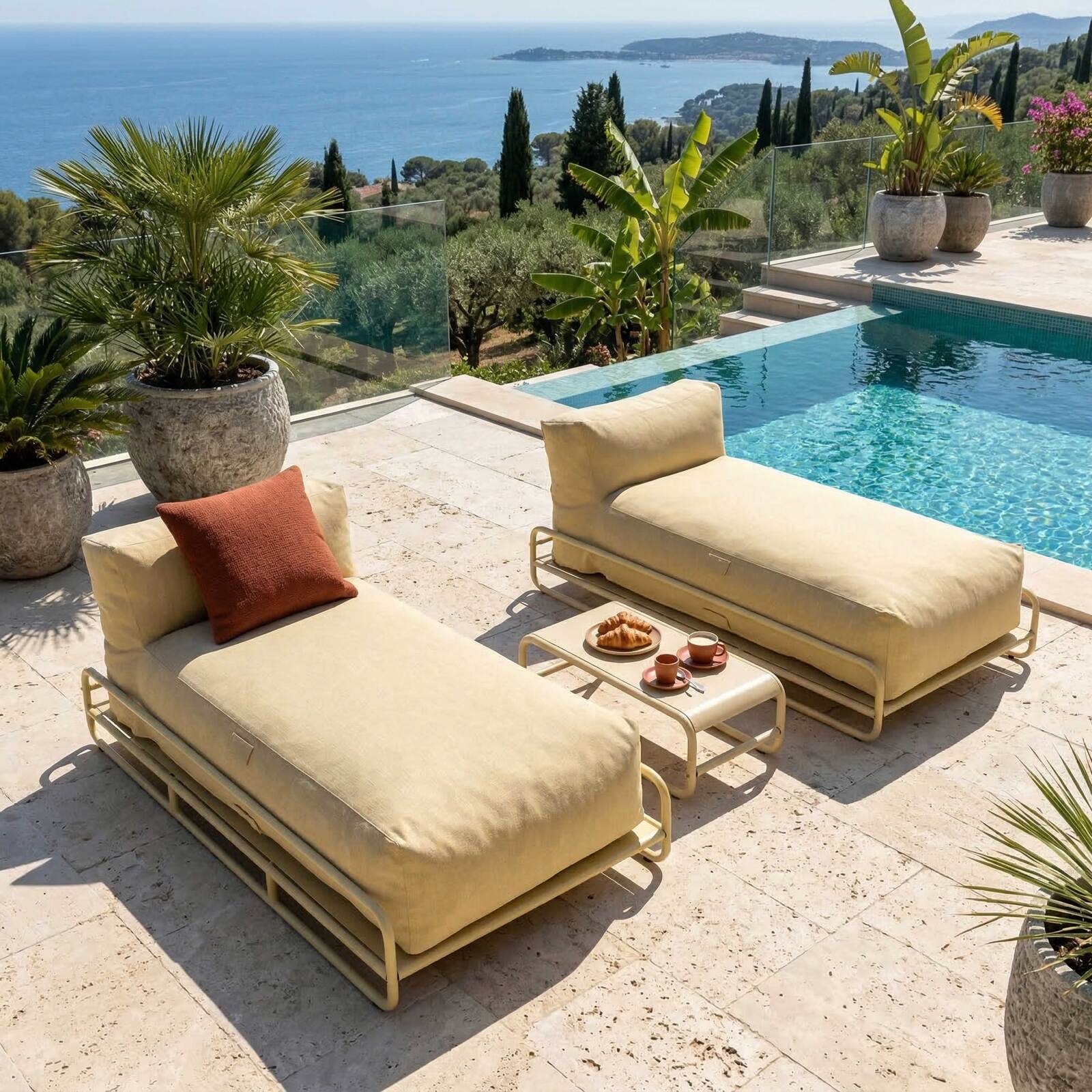 Modulare Gartenmöbel für 2 Personen mit Gestell, bestehend aus 2 Chaiselongues und Couchtisch