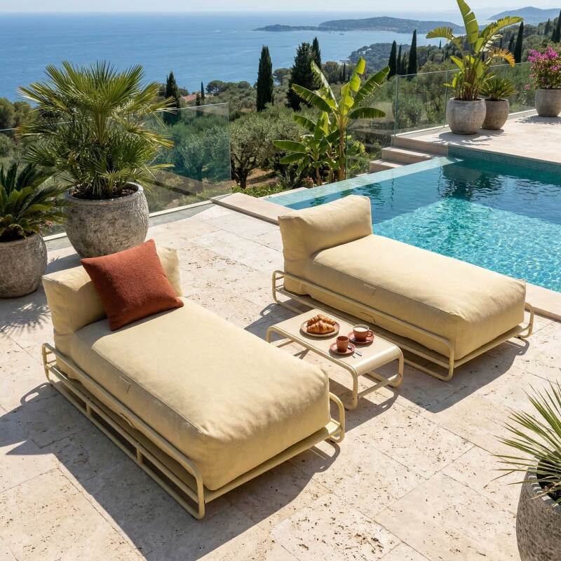 Modulare Gartenmöbel für 2 Personen mit Gestell, bestehend aus 2 Chaiselongues und Couchtisch