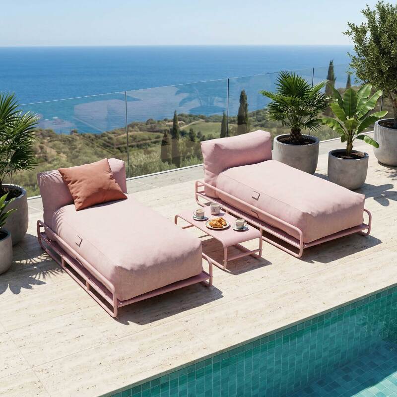 Modulare Gartenmöbel für 2 Personen mit Gestell, bestehend aus 2 Chaiselongues und Couchtisch