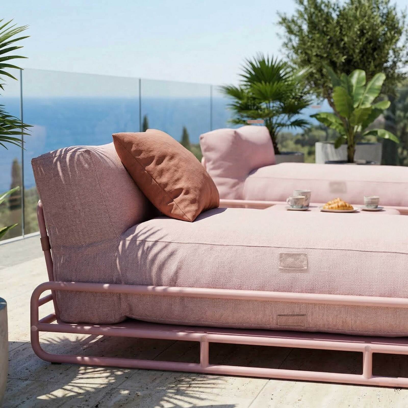 Modulare Gartenmöbel für 2 Personen mit Gestell, bestehend aus 2 Chaiselongues und Couchtisch