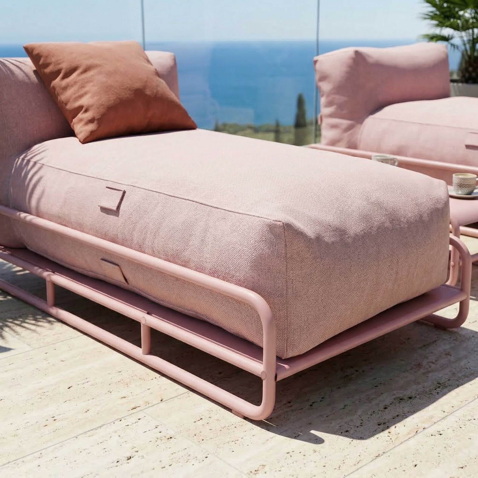 Modulare Gartenmöbel für 2 Personen mit Gestell, bestehend aus 2 Chaiselongues und Couchtisch