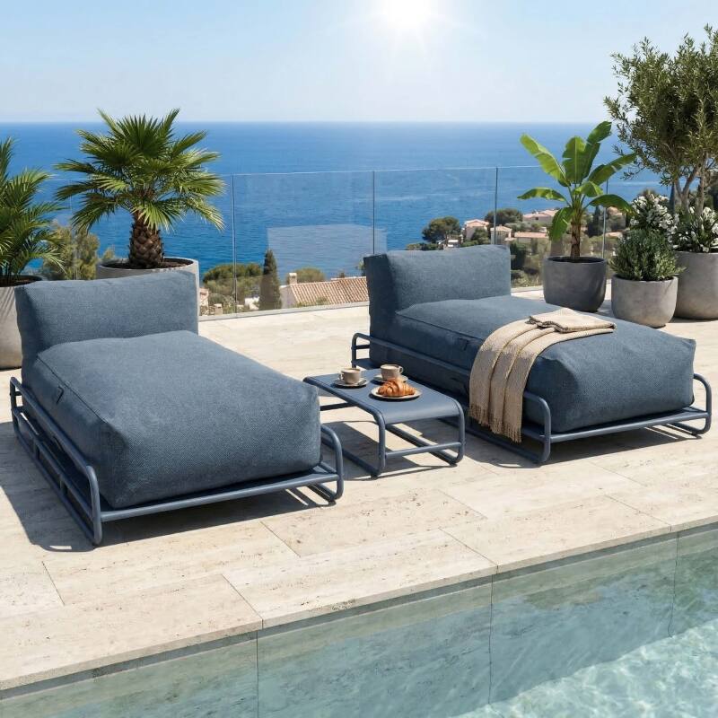 Modulare Gartenmöbel für 2 Personen mit Gestell, bestehend aus 2 Chaiselongues und Couchtisch