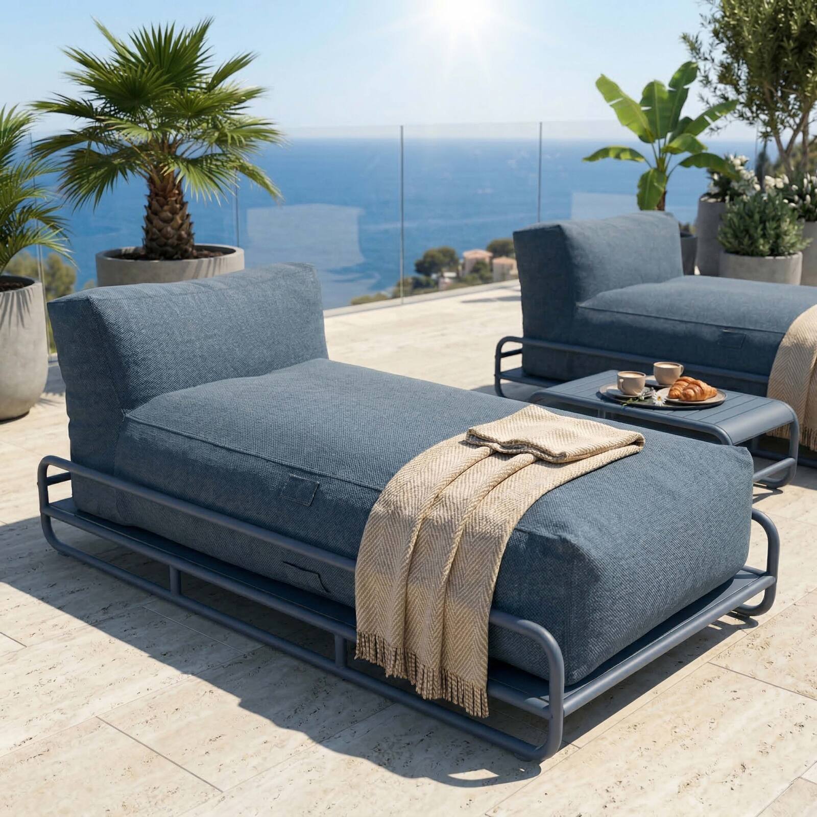 Modulare Gartenmöbel für 2 Personen mit Gestell, bestehend aus 2 Chaiselongues und Couchtisch