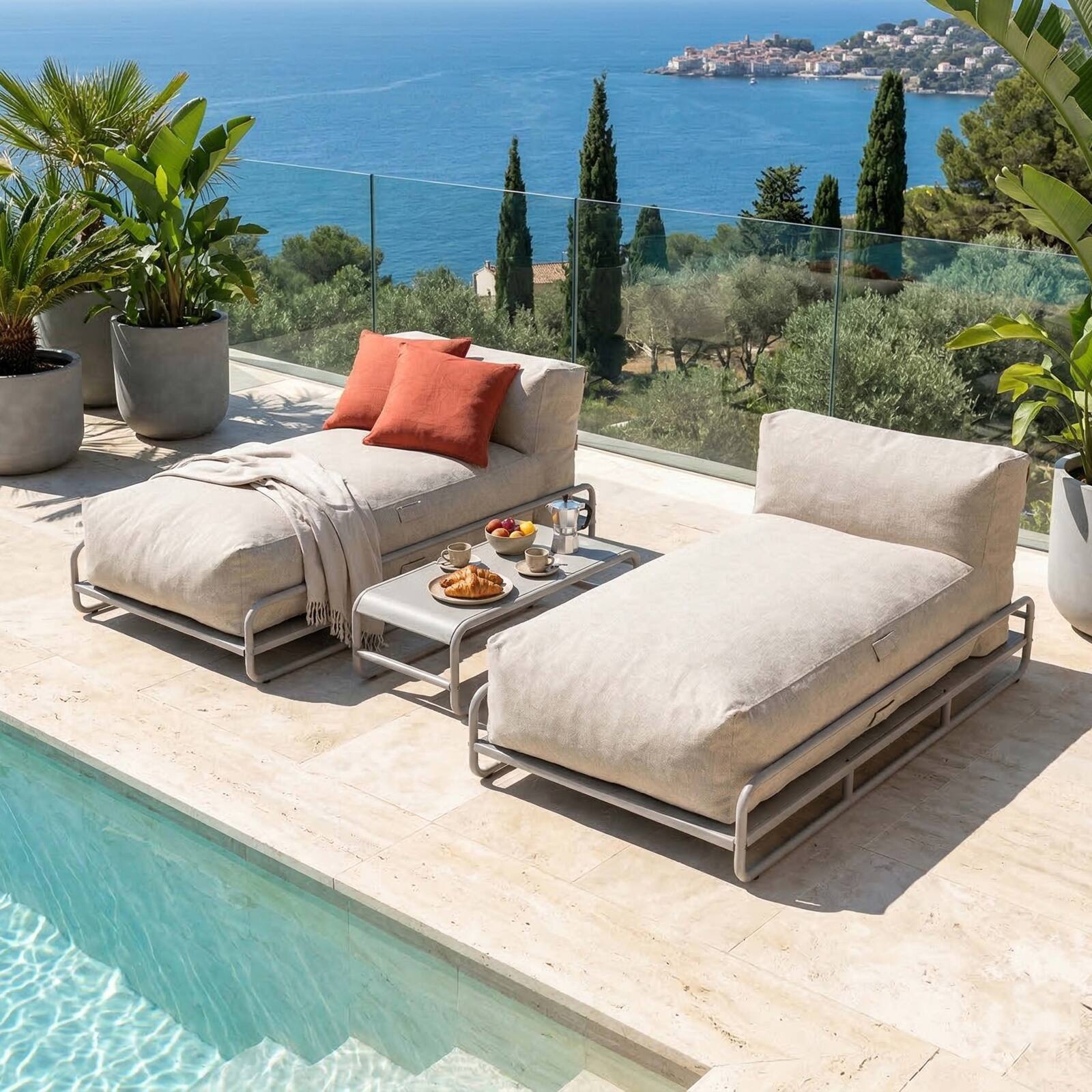 Modulare Gartenmöbel für 2 Personen mit Gestell, bestehend aus 2 Chaiselongues und Couchtisch