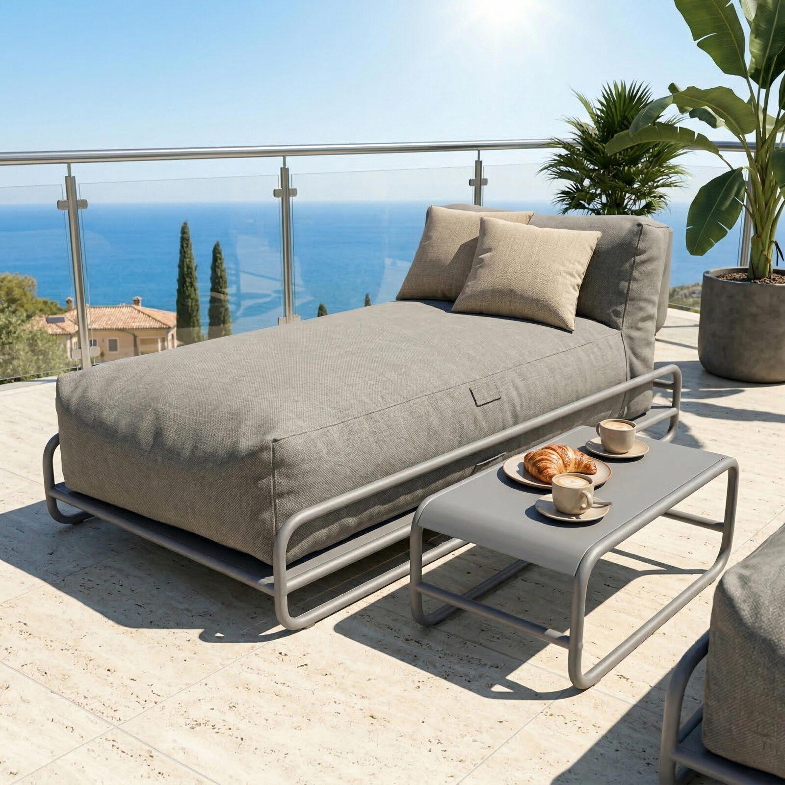 Modulare Gartenmöbel für 2 Personen mit Gestell, bestehend aus 2 Chaiselongues und Couchtisch