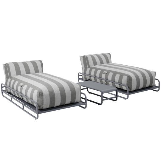 Modulare Gartenmöbel für 2 Personen mit Gestell, bestehend aus 2 gestreiften Chaiselongues und Couchtisch