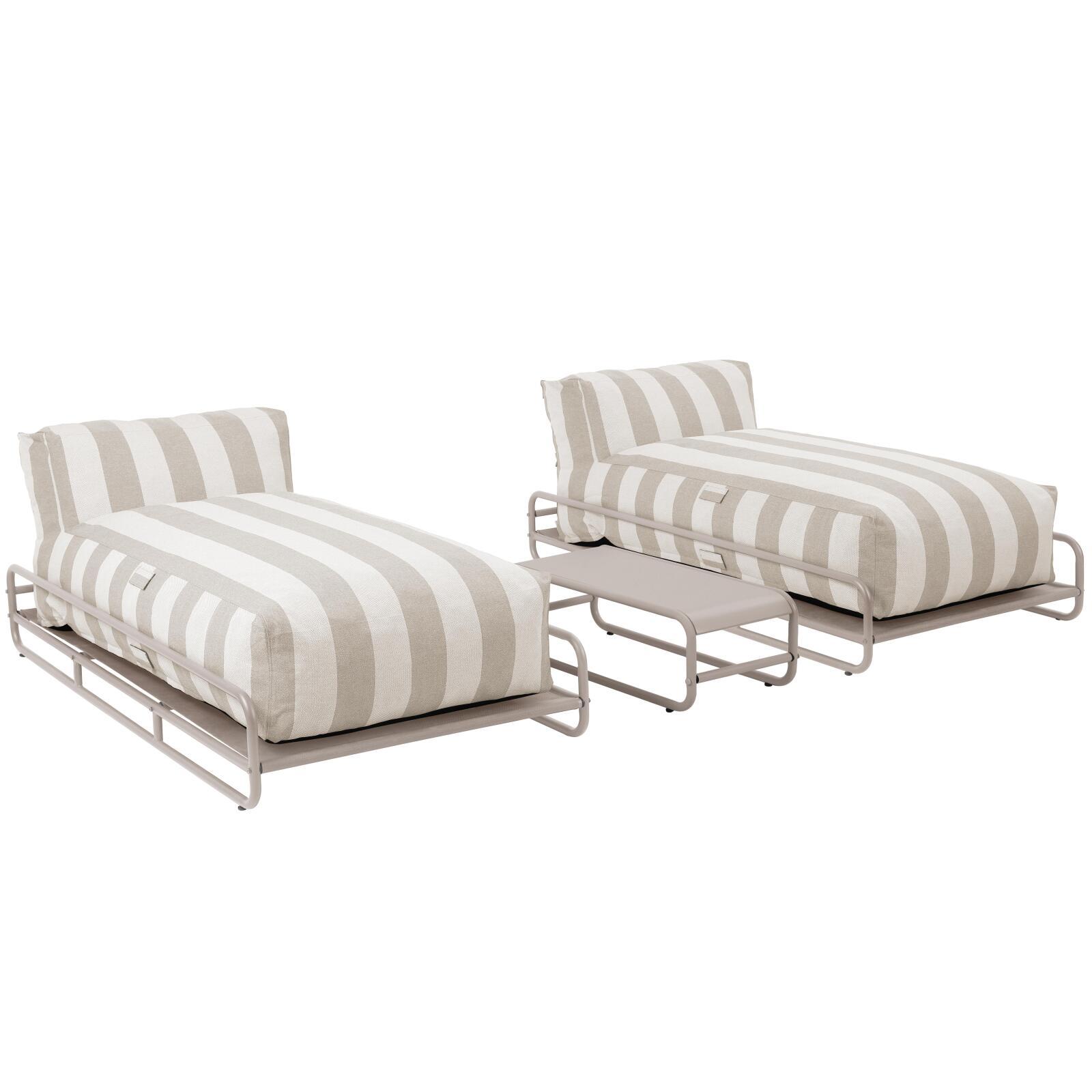 Modulare Gartenmöbel für 2 Personen mit Gestell, bestehend aus 2 gestreiften Chaiselongues und Couchtisch