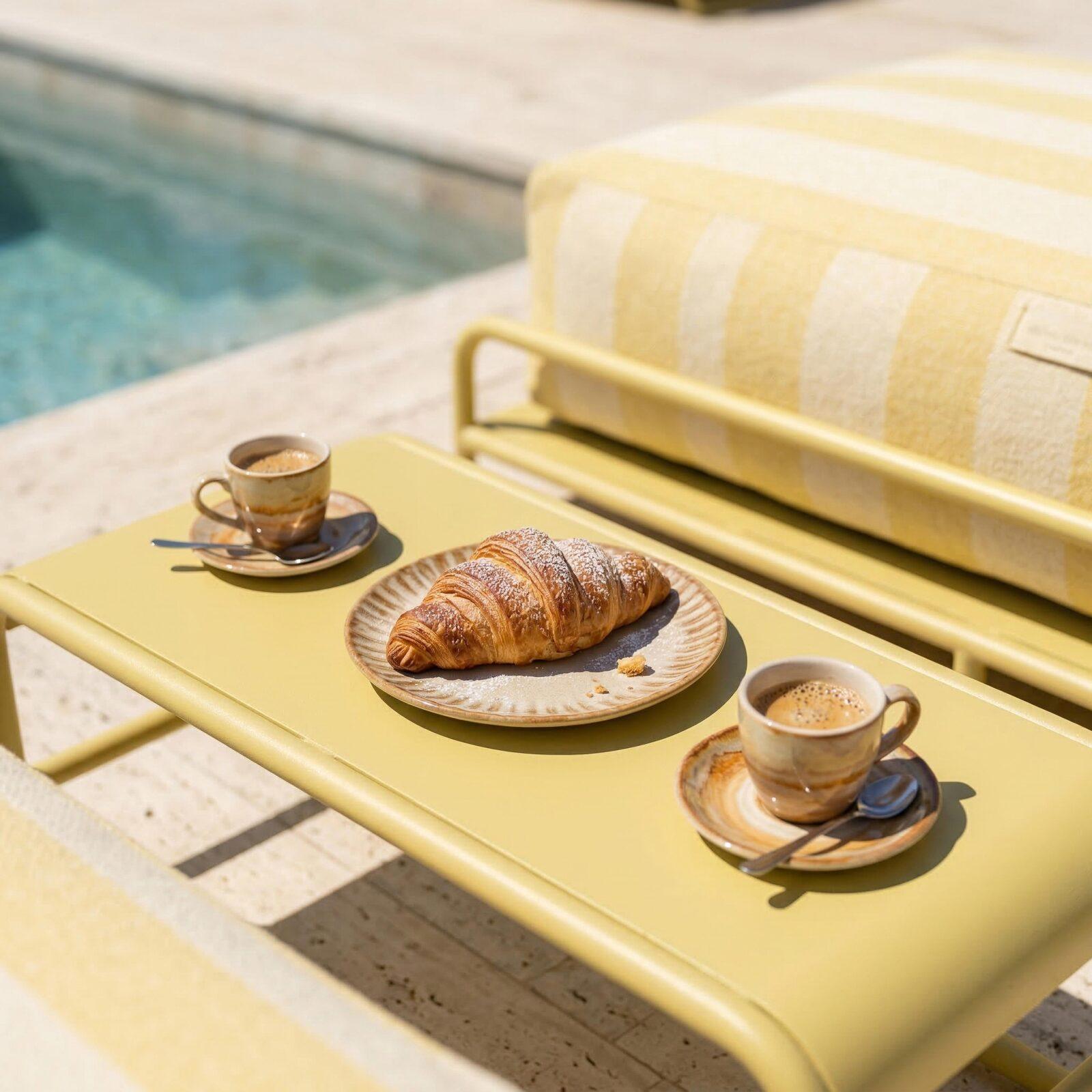 Modulare Gartenmöbel für 2 Personen mit Gestell, bestehend aus 2 gestreiften Chaiselongues und Couchtisch