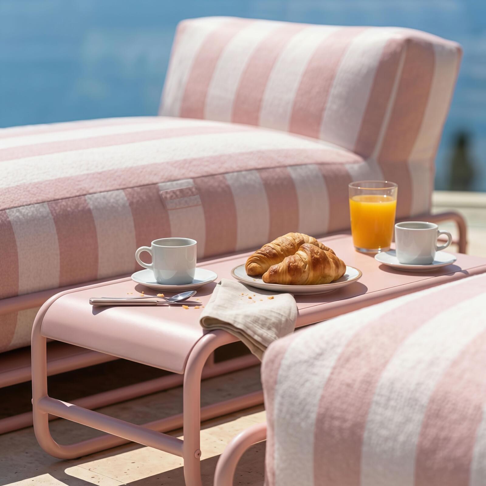 Modulare Gartenmöbel für 2 Personen mit Gestell, bestehend aus 2 gestreiften Chaiselongues und Couchtisch