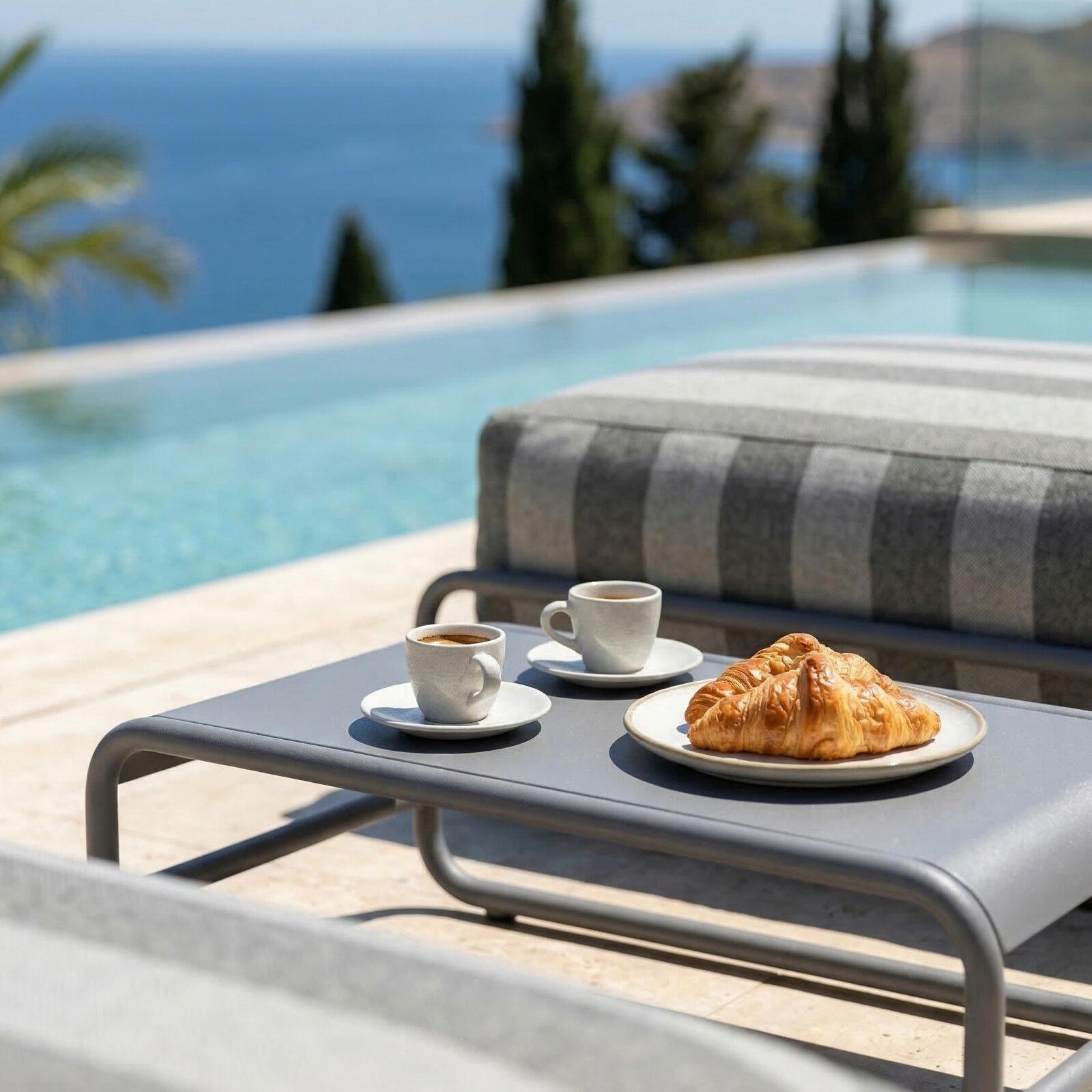 Modulare Gartenmöbel für 2 Personen mit Gestell, bestehend aus 2 gestreiften Chaiselongues und Couchtisch