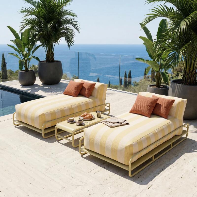 Modulare Gartenmöbel für 2 Personen mit Gestell, bestehend aus 2 gestreiften Chaiselongues und Couchtisch