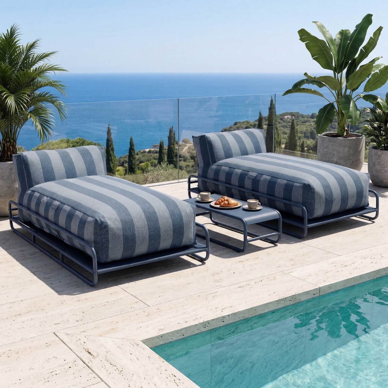 Modulare Gartenmöbel für 2 Personen mit Gestell, bestehend aus 2 gestreiften Chaiselongues und Couchtisch