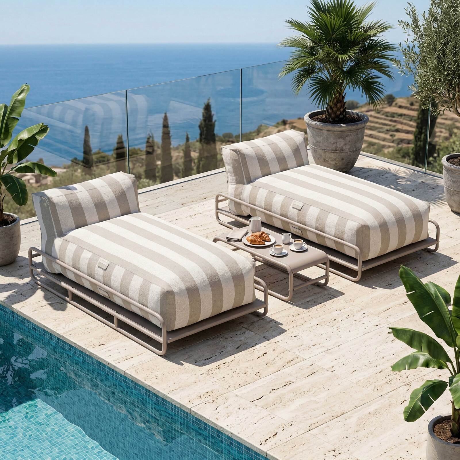 Modulare Gartenmöbel für 2 Personen mit Gestell, bestehend aus 2 gestreiften Chaiselongues und Couchtisch