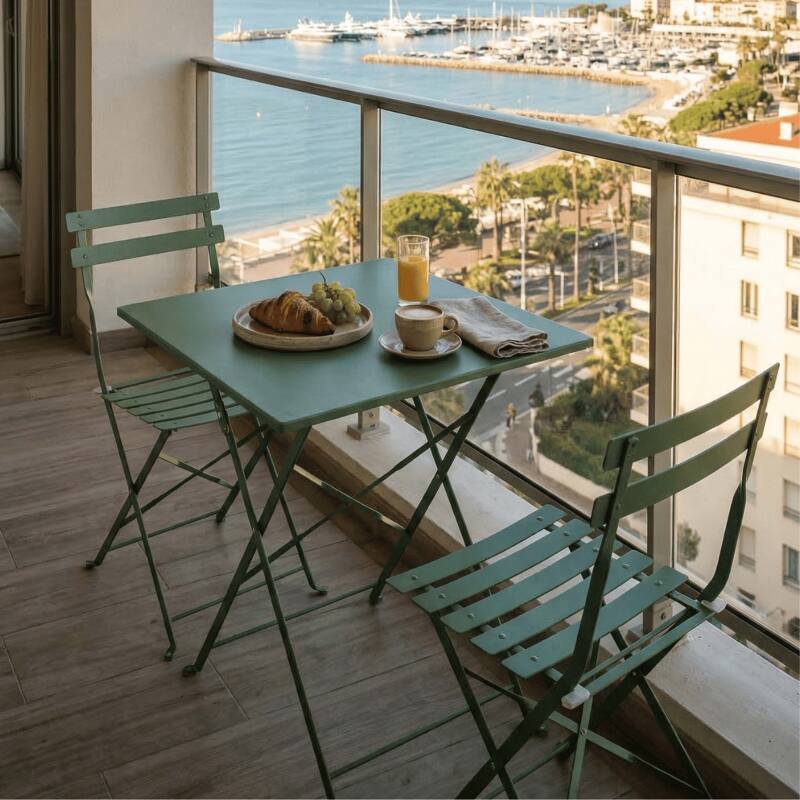 Gartentisch im Bistro-Stil, quadratisch, klappbar, aus Metall, 60x60 cm, und 2 Stühle klappbar (2/7)