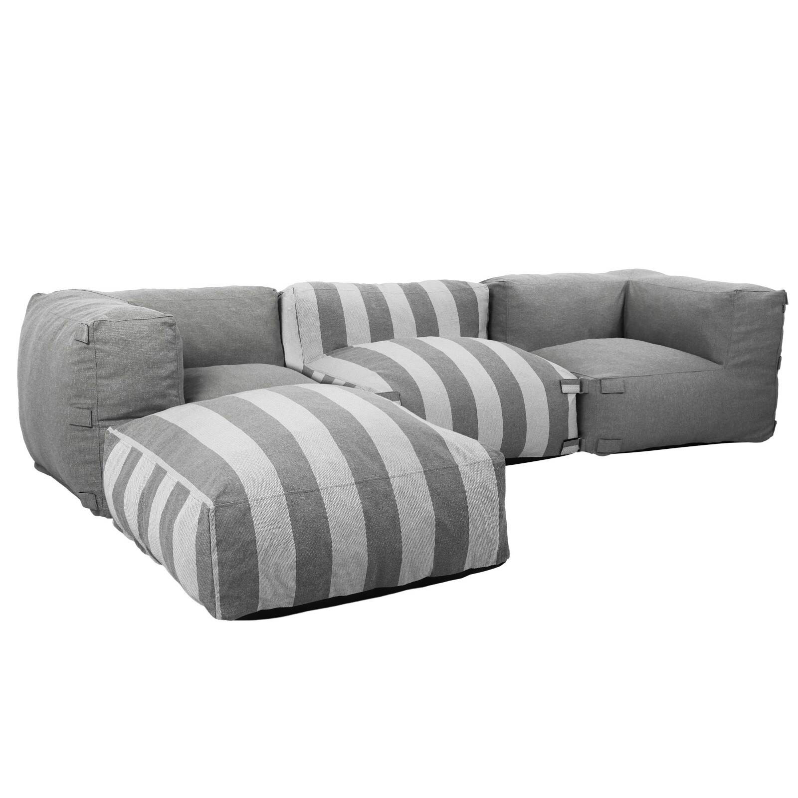 Modulare Gartenmöbel für 4 Personen bestehend aus 1 Sessel, 2 Ecksesseln und 1 Ottomane im gestreiften Design