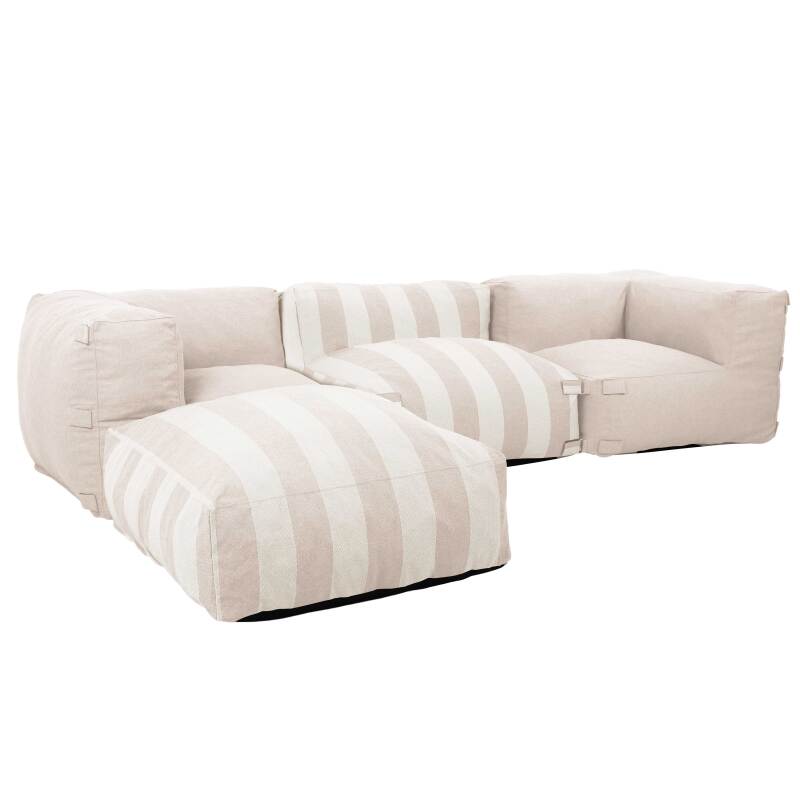 Modulare Gartenmöbel für 4 Personen bestehend aus 1 Sessel, 2 Ecksesseln und 1 Ottomane im gestreiften Design