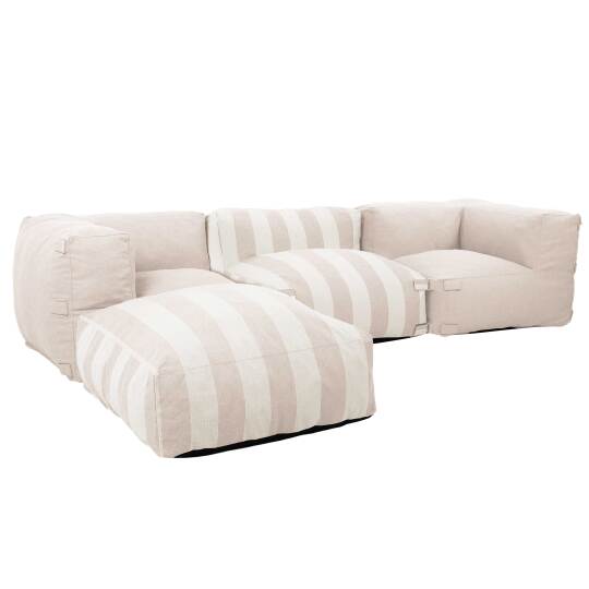 Modulare Gartenmöbel für 4 Personen bestehend aus 1 Sessel, 2 Ecksesseln und 1 Ottomane im gestreiften Design