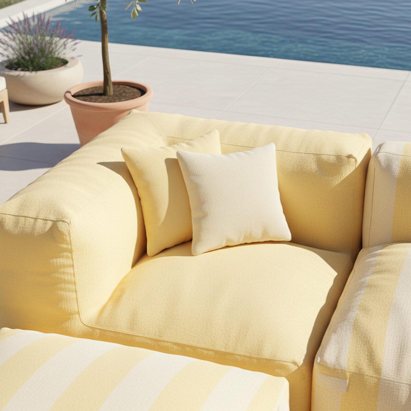 Modulare Gartenmöbel für 4 Personen bestehend aus 1 Sessel, 2 Ecksesseln und 1 Ottomane im gestreiften Design