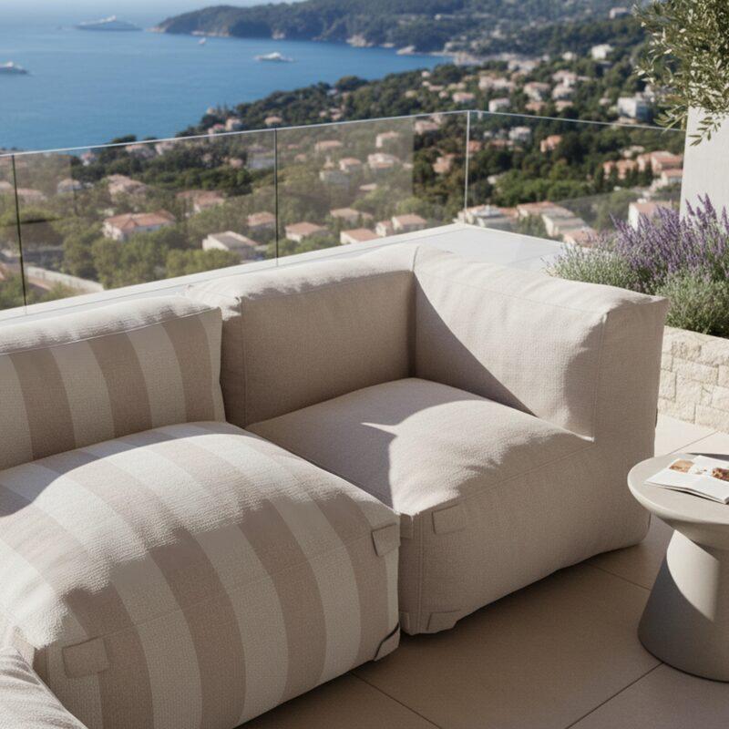 Modulare Gartenmöbel für 4 Personen bestehend aus 1 Sessel, 2 Ecksesseln und 1 Ottomane im gestreiften Design (2/6)